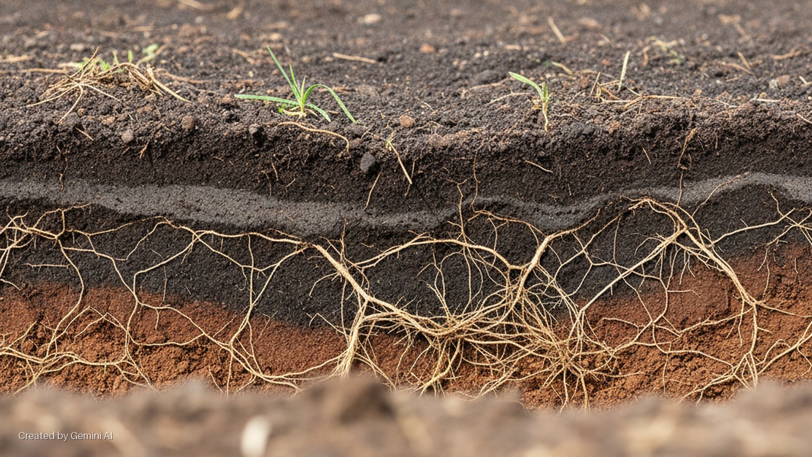 A close-up cross-section of soil reveals dark topsoil with small green sprouts, a distinct gray-black middle layer, and a reddish-brown lower layer, all densely threaded with pale yellow plant roots under even daylight.