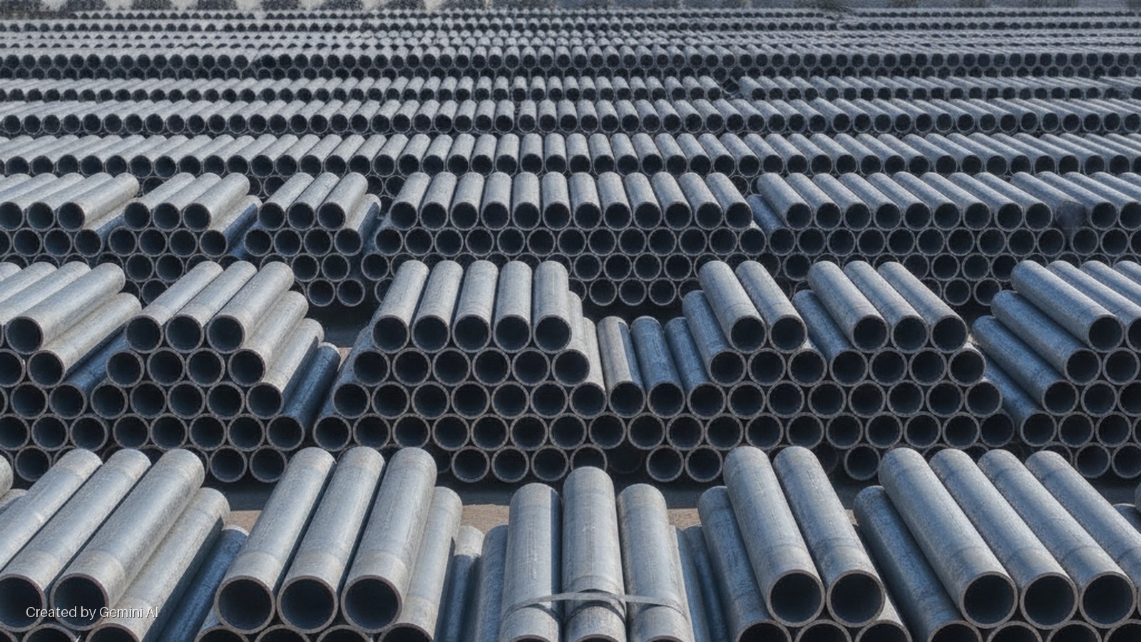 Rows of gray industrial pipes are stacked in layers across a large outdoor storage yard under bright daylight.