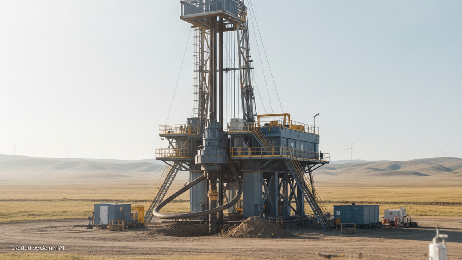 A large drilling rig stands on a dirt pad in a vast, dry field with rolling hills and several wind turbines in the distance, under a bright, clear sky.