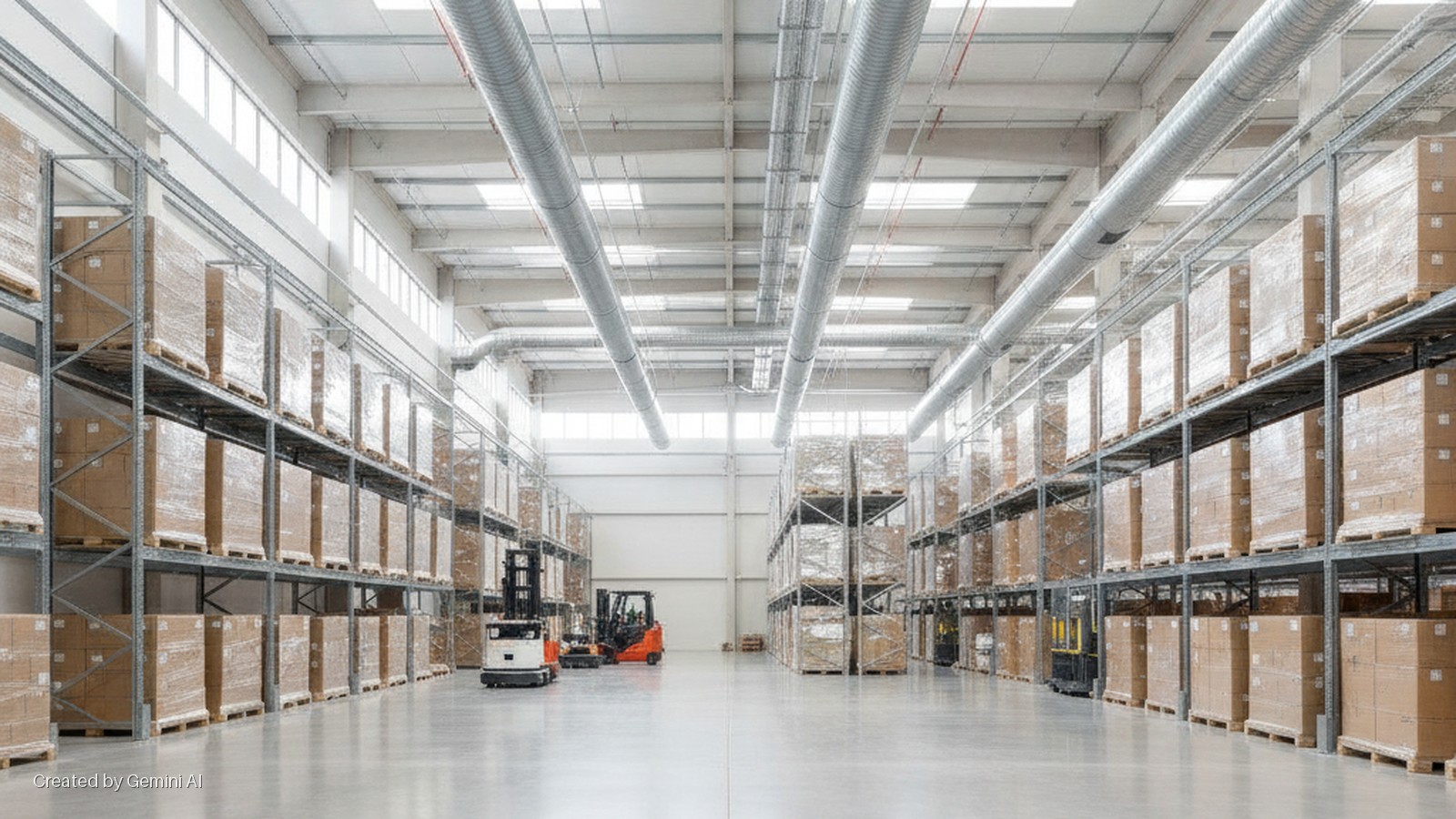 A bright, clean warehouse features long rows of metal pallet racking filled with stacked, shrink-wrapped cardboard boxes, a white and an orange forklift, and ceiling-mounted air ducts.