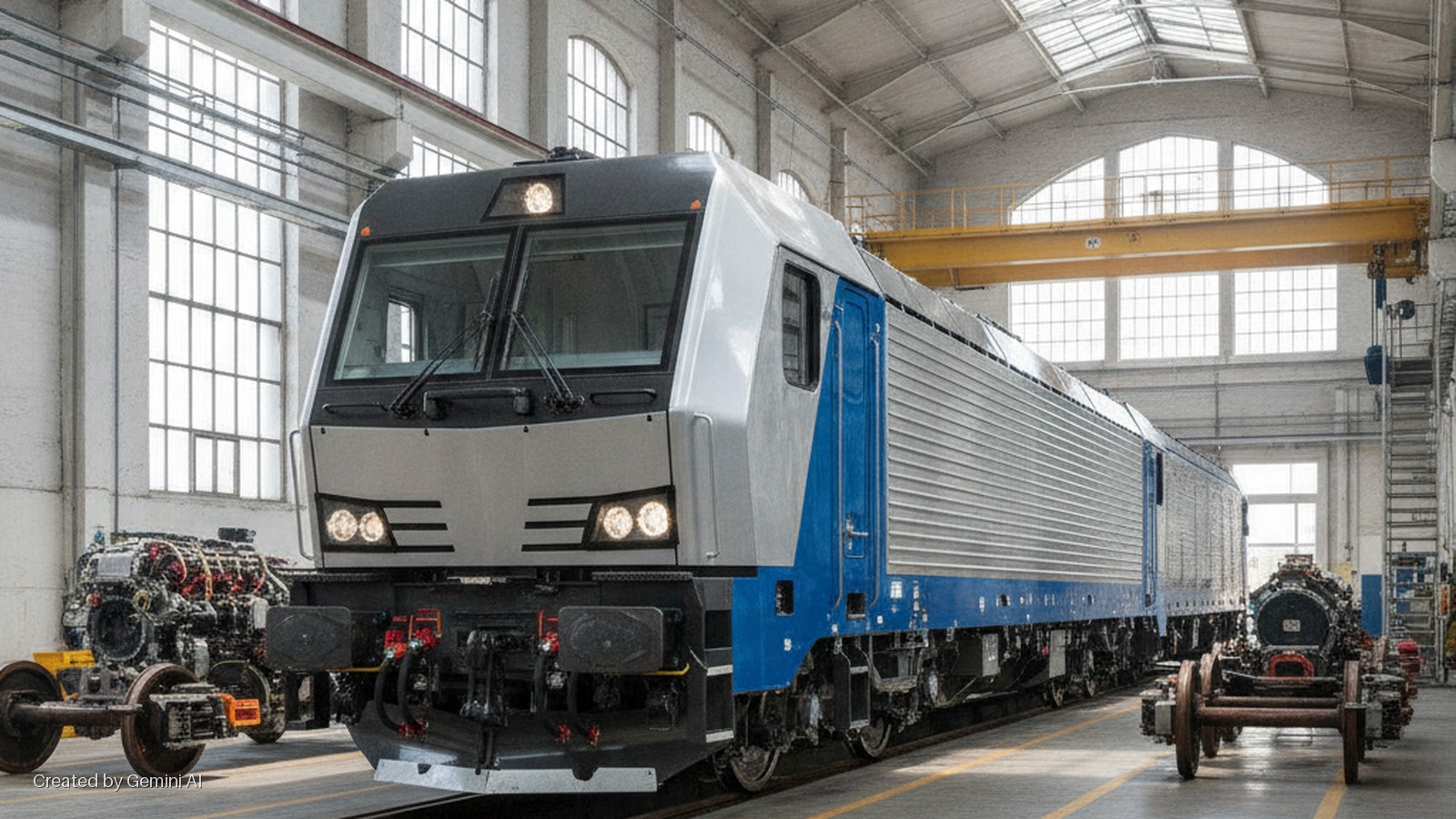 A modern, silver, grey, and blue train locomotive sits on tracks inside a brightly lit industrial workshop, surrounded by spare train parts and under a large yellow overhead crane.