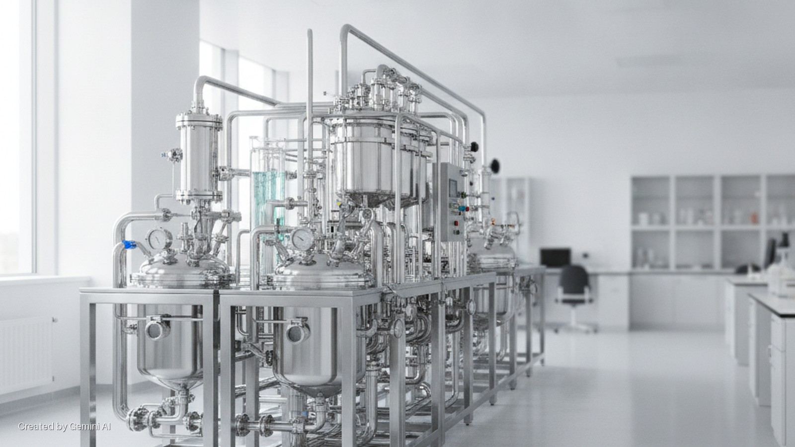Brightly lit, complex stainless steel chemical or biopharmaceutical processing equipment featuring multiple tanks, pipes, gauges, and a control panel, situated in a clean, modern laboratory with windows and white shelving in the background.