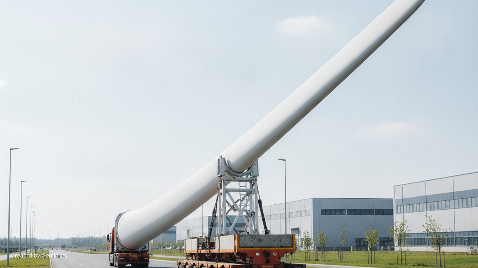 A giant white wind turbine blade is transported on a specialized trailer and truck along a wide road, passing industrial buildings under a bright, clear sky.