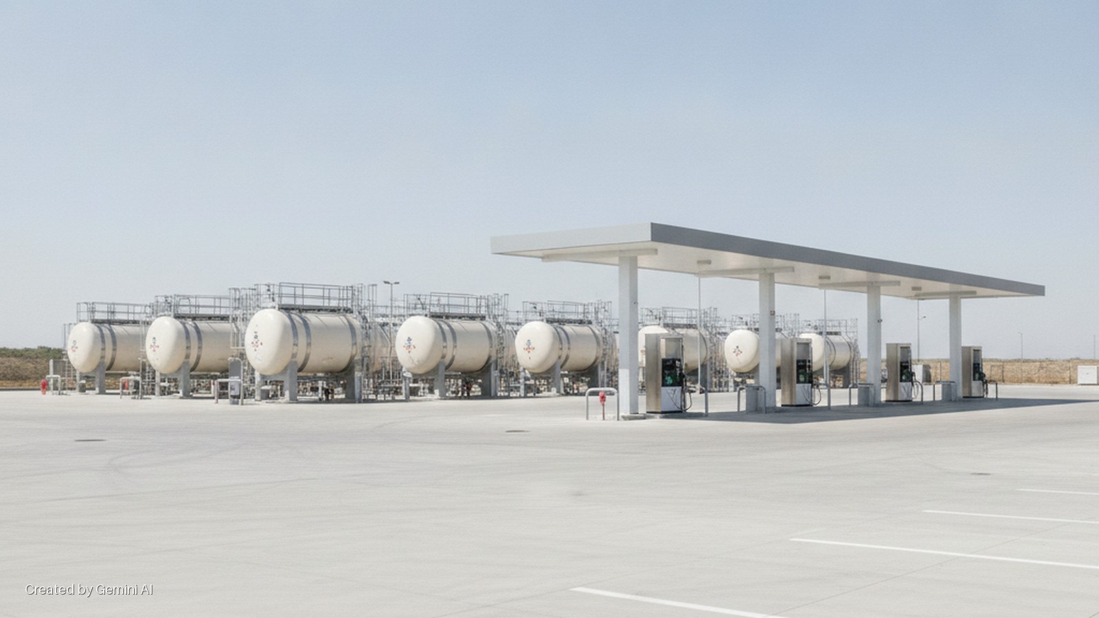 A bright daylight scene of a modern fuel station featuring a grey canopy over multiple fuel pumps and several large, white horizontal storage tanks lined up on a concrete pavement, with a dry, sparse landscape in the background under a clea