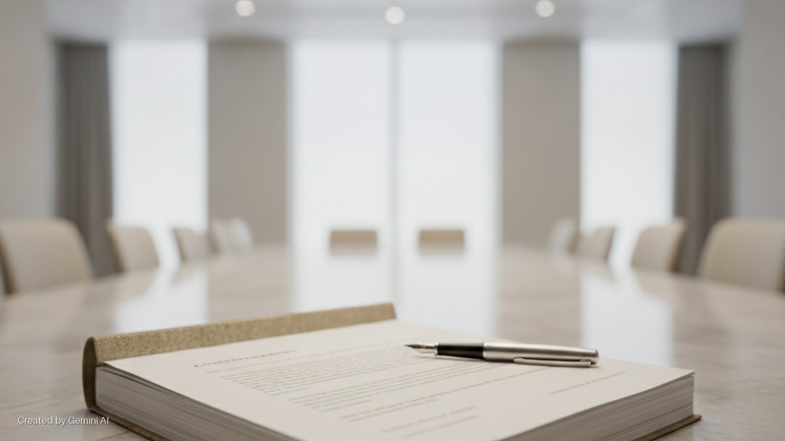 A silver pen rests on a thick book on a reflective conference table in a brightly lit modern meeting room with numerous chairs and large windows in the background.