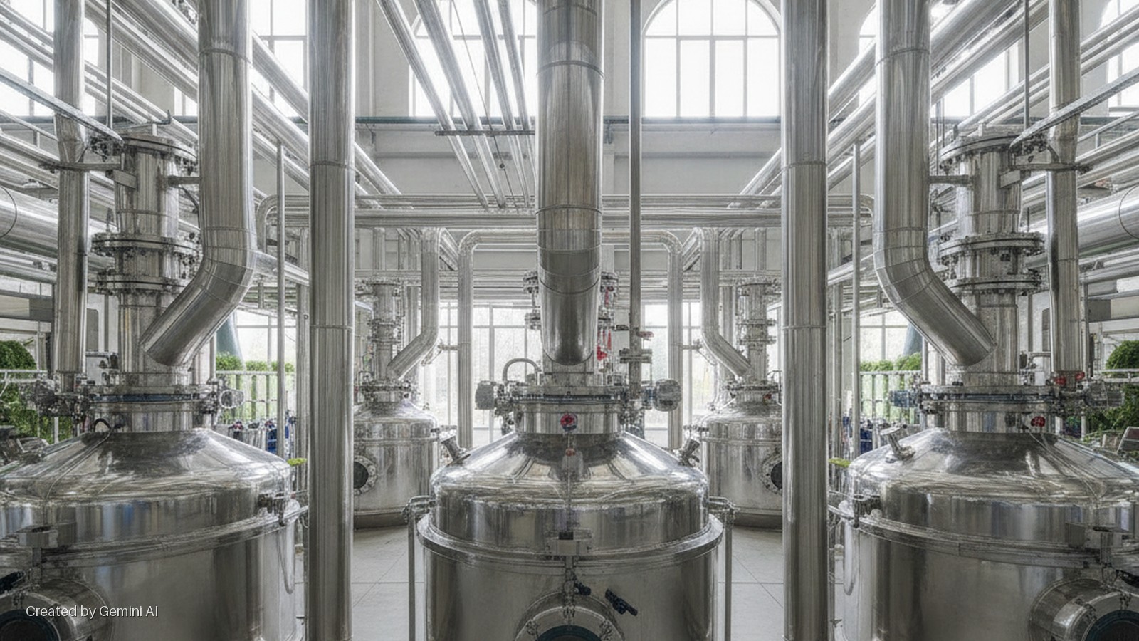 Interior of a modern industrial facility featuring multiple large, gleaming stainless steel distillation stills and an intricate network of pipes, brightly lit by natural light from large windows.