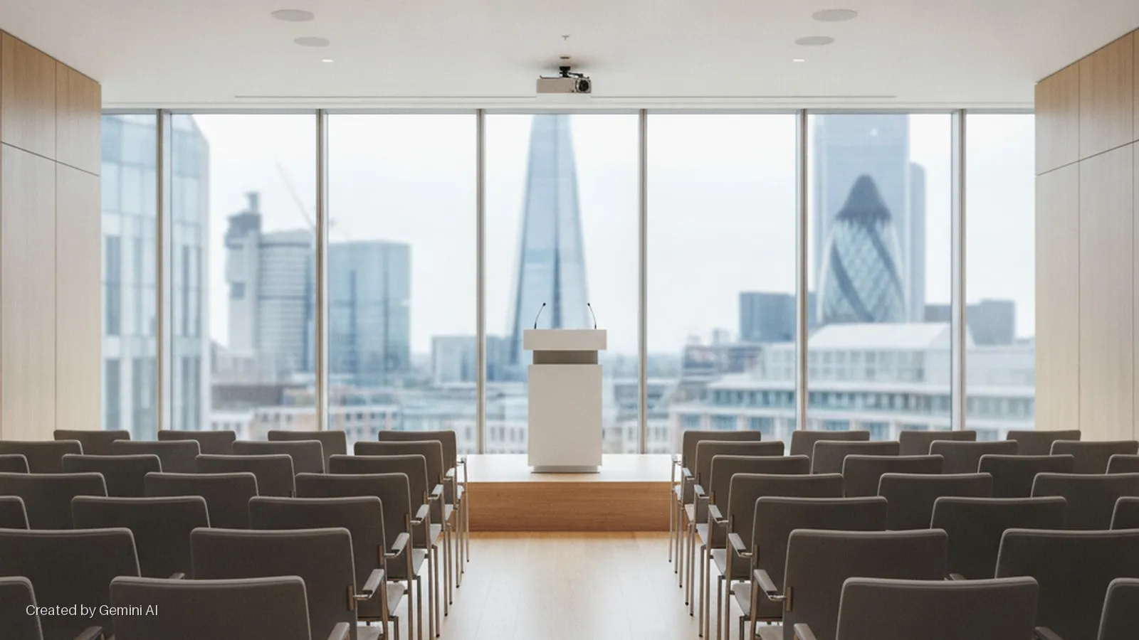 A modern conference room with a white podium and microphones on a wooden stage faces rows of empty chairs, while large windows behind reveal a city skyline including The Shard and The Gherkin, all illuminated by natural light.