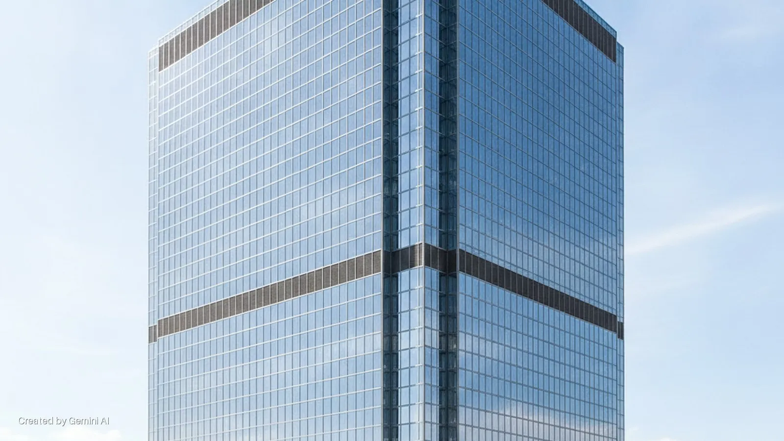 A modern skyscraper with a reflective blue glass facade and two dark horizontal bands, brightly lit against a clear light blue sky.