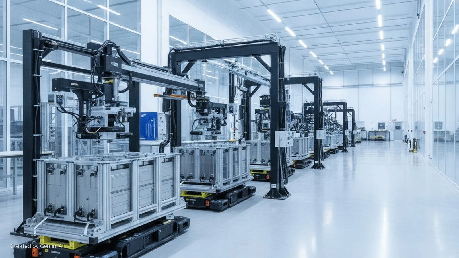 A clean, brightly lit automated manufacturing facility features multiple robotic gantry systems processing modular containers on automated guided vehicles.
