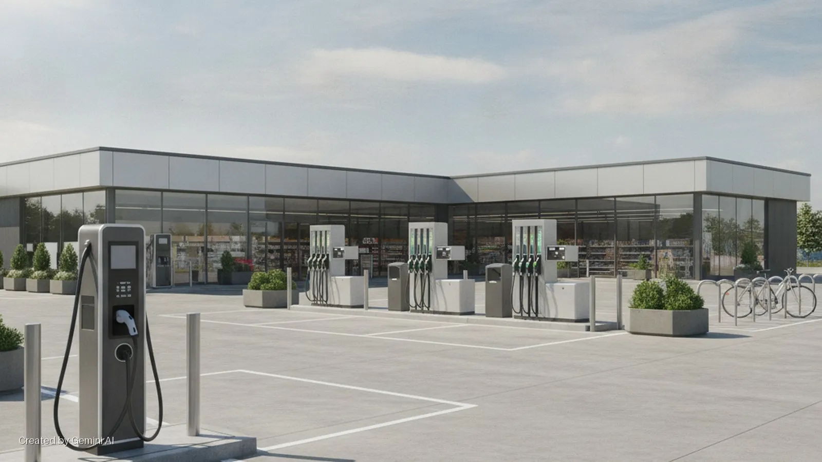 A modern service station forecourt features an electric vehicle charging station, multiple fuel dispensers, a convenience store building, bicycle racks with bikes, and planted greenery under a daytime sky.