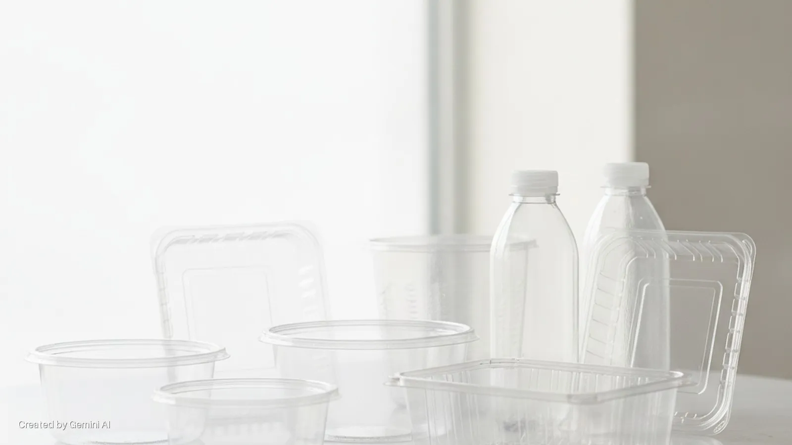 Various transparent plastic food containers and bottles with white caps are arranged on a white surface with a bright, light-colored background.