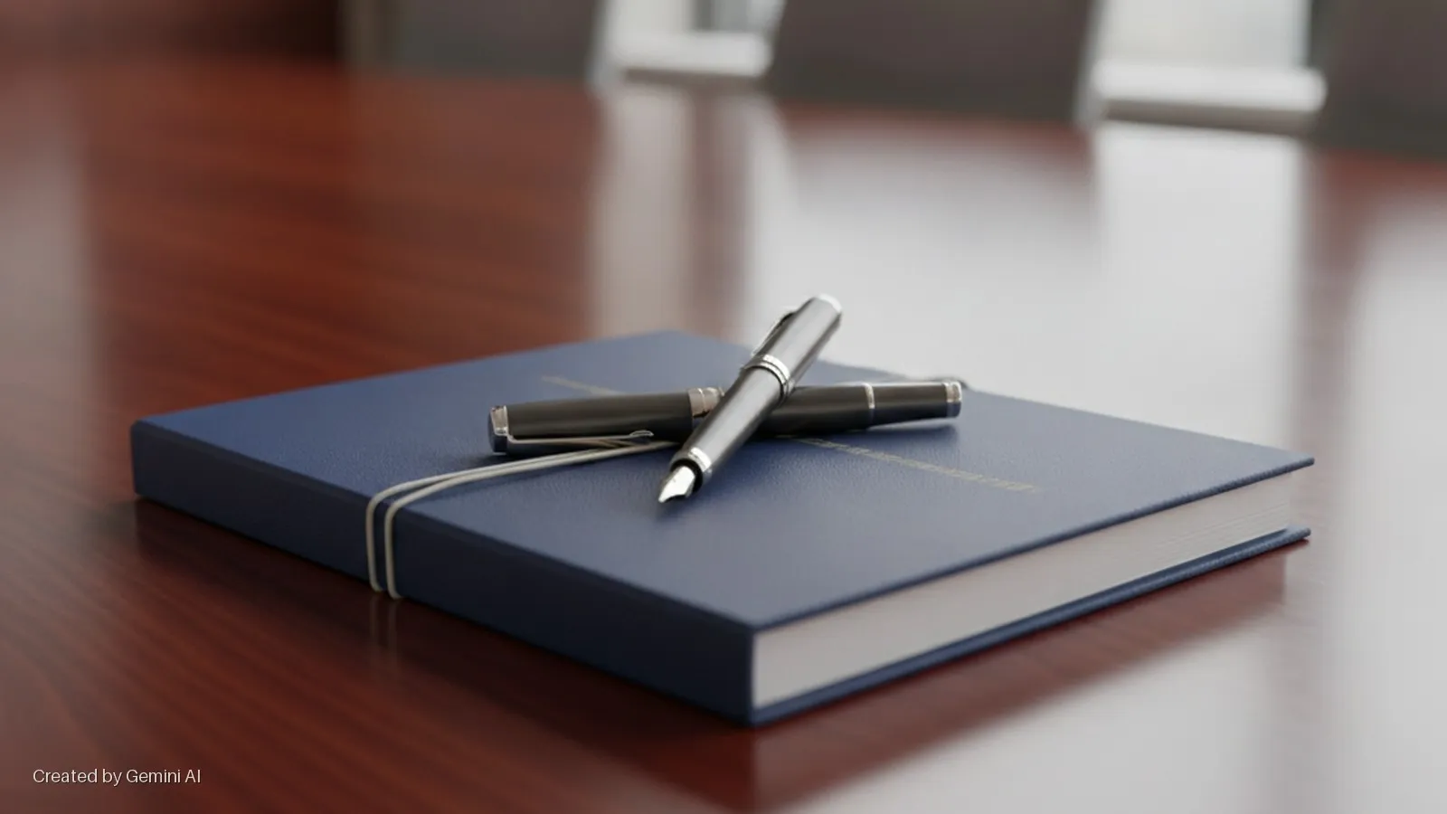 Two silver and black pens, one uncapped, lie on a closed blue journal secured with a white elastic band, on a polished wooden table in a brightly lit room.