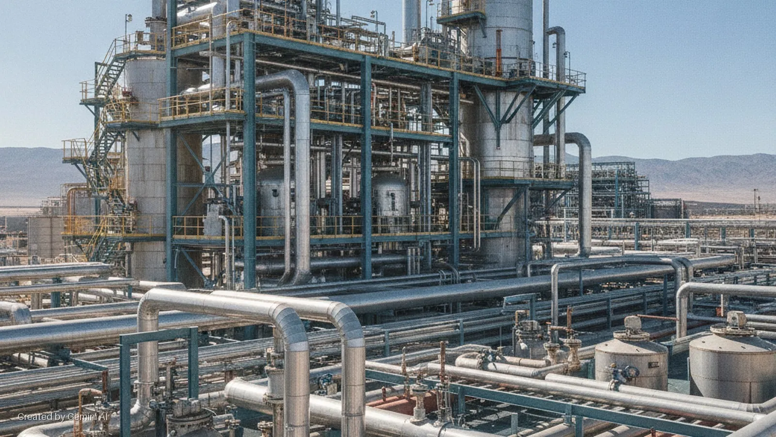 A sprawling industrial chemical plant under bright daylight, featuring numerous metallic pipes, large storage tanks, and multi-level steel structures, with mountains visible in the arid background.