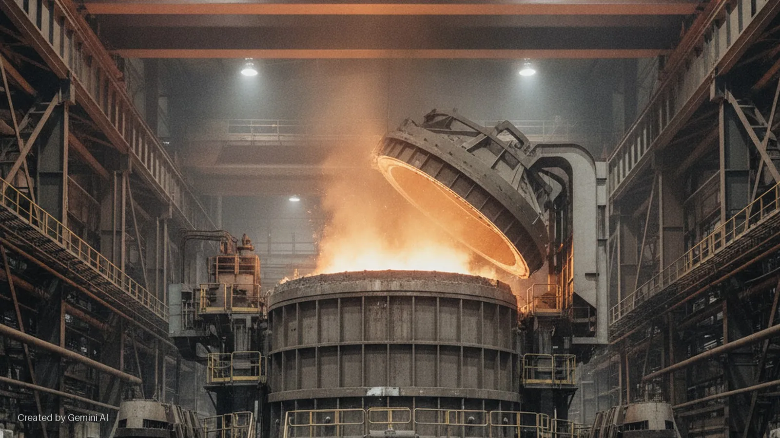 A large, open steelmaking furnace glows with molten metal beneath a raised lid, surrounded by industrial structures, platforms, and bright overhead lamps within a vast, hazy factory.
