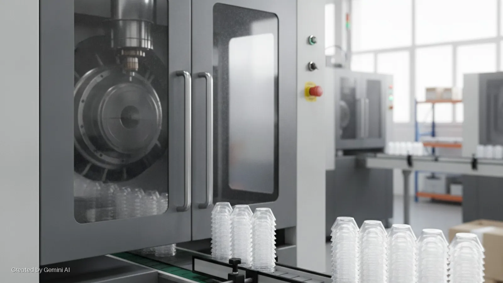An industrial machine produces clear plastic cups that stack on a conveyor belt in a brightly lit factory setting with additional machinery visible in the background.
