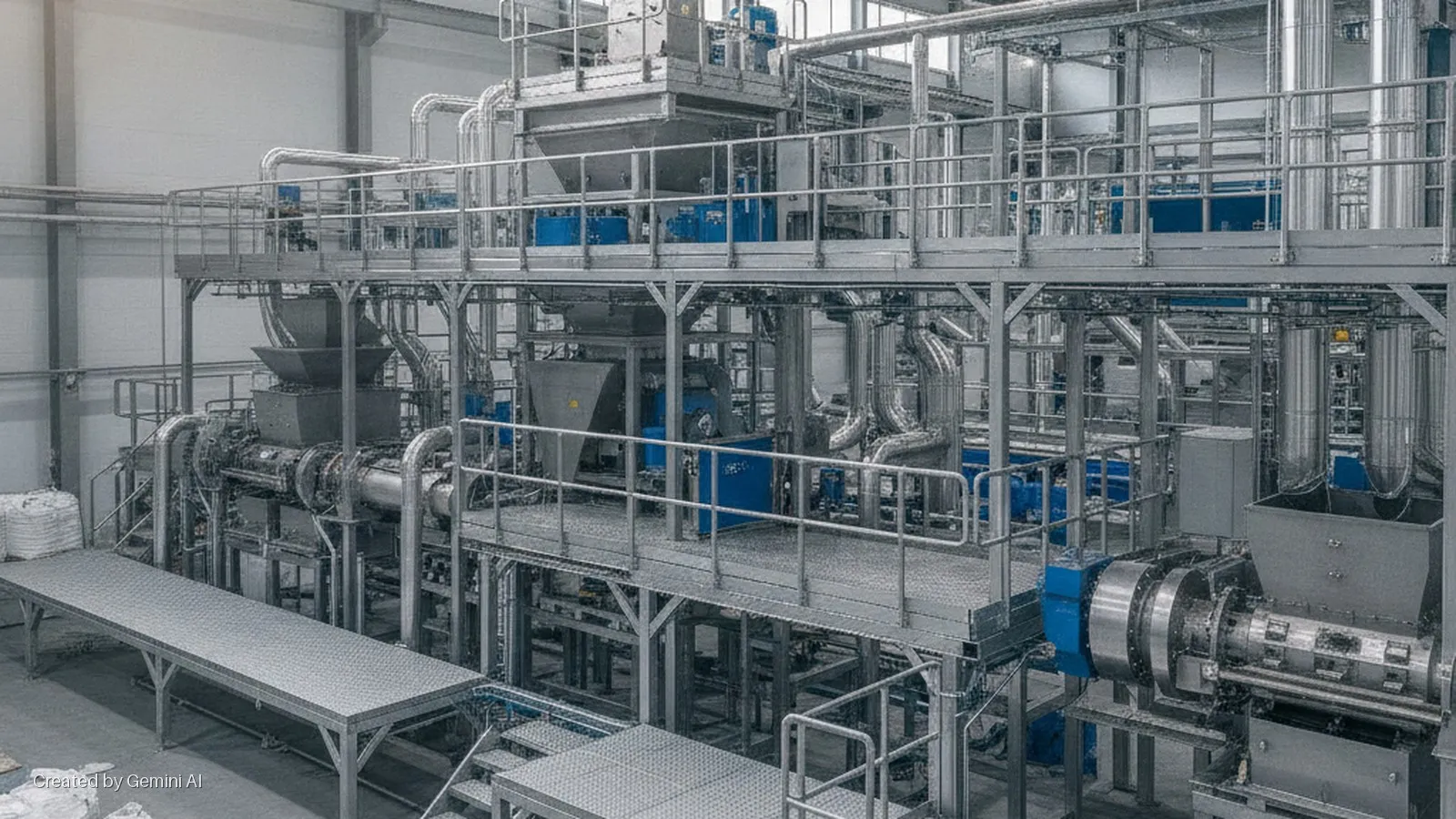 Extensive industrial machinery featuring metal platforms, pipes, hoppers, and blue accents, situated in a clean, brightly lit factory with large white bags on the floor.