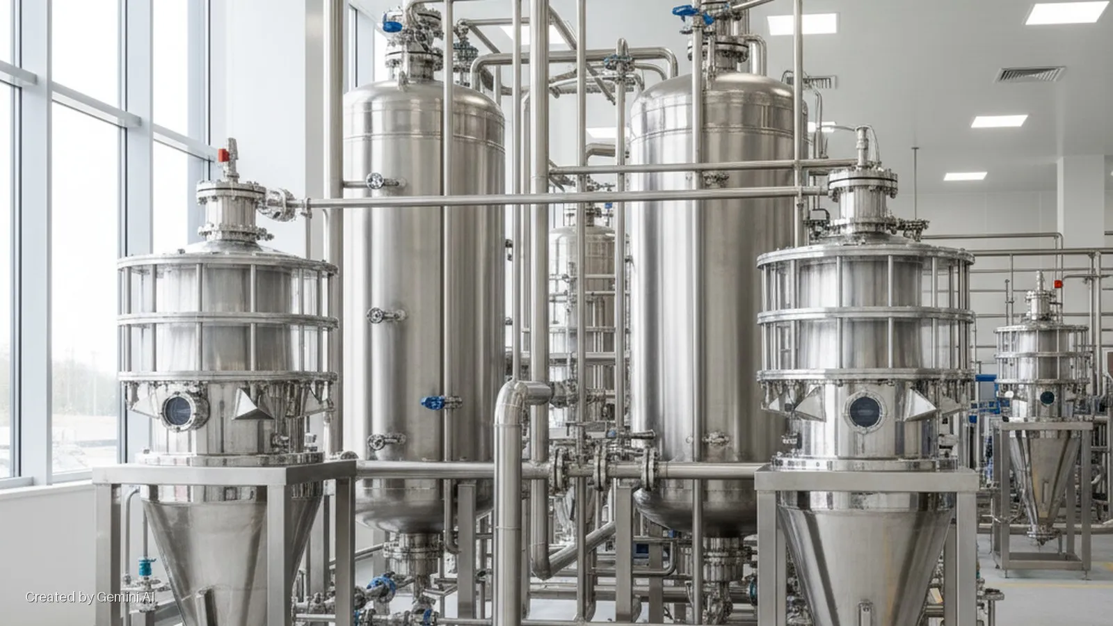 Shiny stainless steel industrial processing equipment, including large tanks and interconnected pipes, fills a clean, brightly lit facility with large windows on the left.