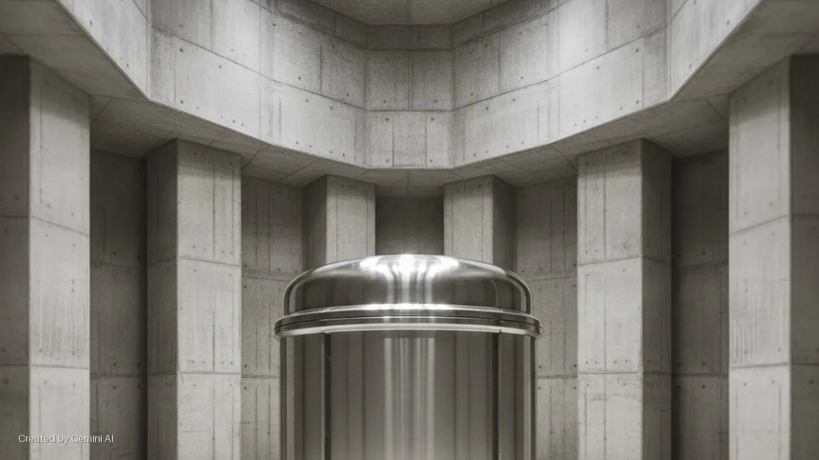A large, reflective, domed metal cylinder is centered in a symmetrical brutalist concrete room, featuring textured walls, strong columns, and angular overhead beams, illuminated by even, diffused light.