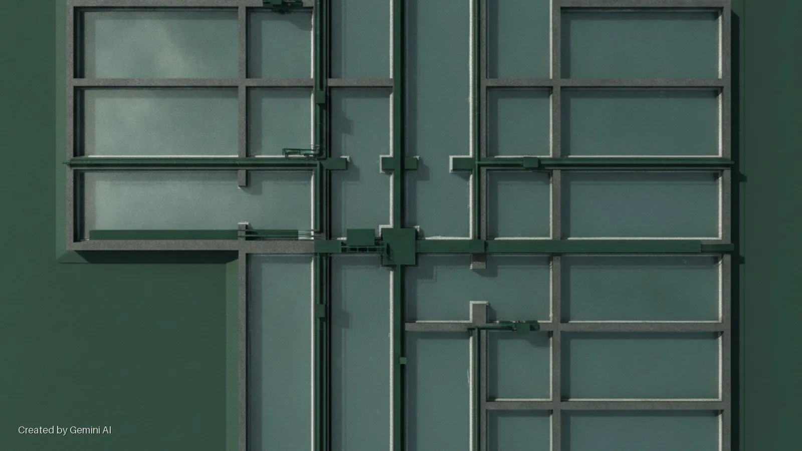 An overhead view of a modular industrial facility features rectangular teal panels framed in grey, interconnected by dark green linear infrastructure, illuminated from the top-left casting distinct shadows.