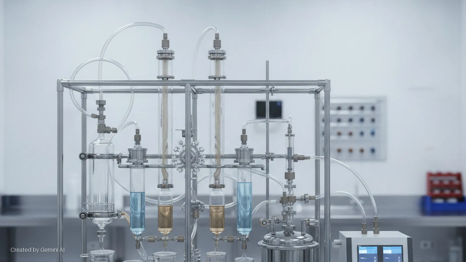 A brightly lit laboratory features a complex scientific apparatus with glass columns, tubes, and vessels holding clear, blue, and amber liquids within a metal frame, next to a digital display unit and a wall-mounted control panel.