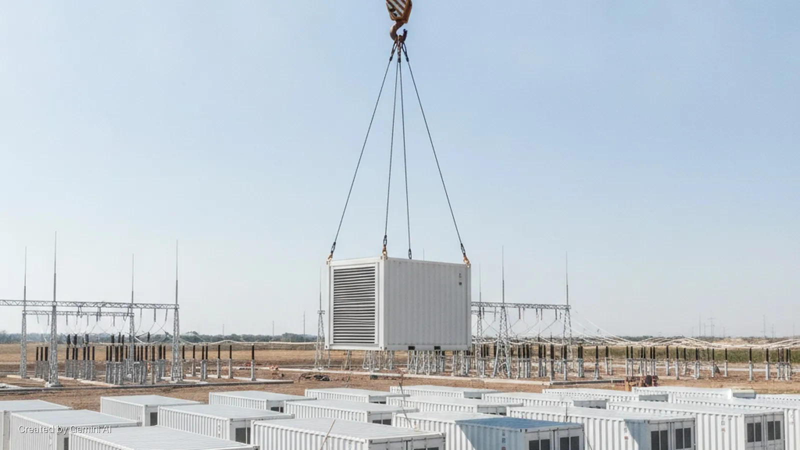 A crane lowers a white industrial container with a large vent above an array of identical containers and an electrical substation under a clear, bright sky.