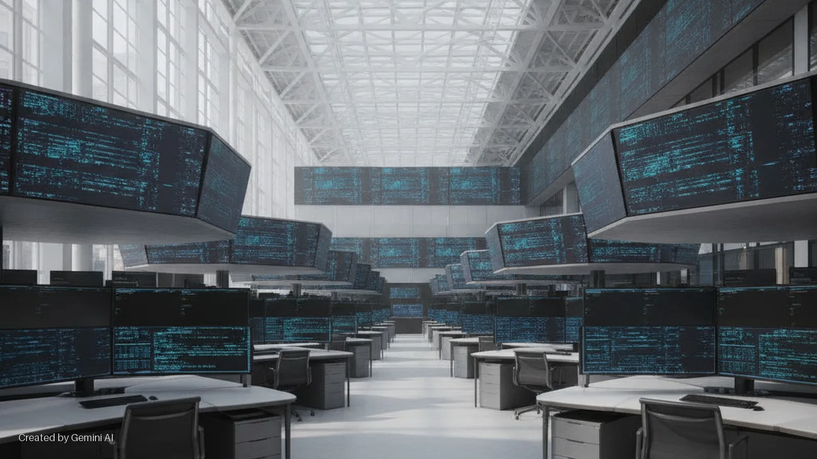 A bright, modern, open-plan operations room with rows of unoccupied desks, each featuring multiple computer monitors displaying blue data, and large overhead screens suspended from a high ceiling with extensive windows.