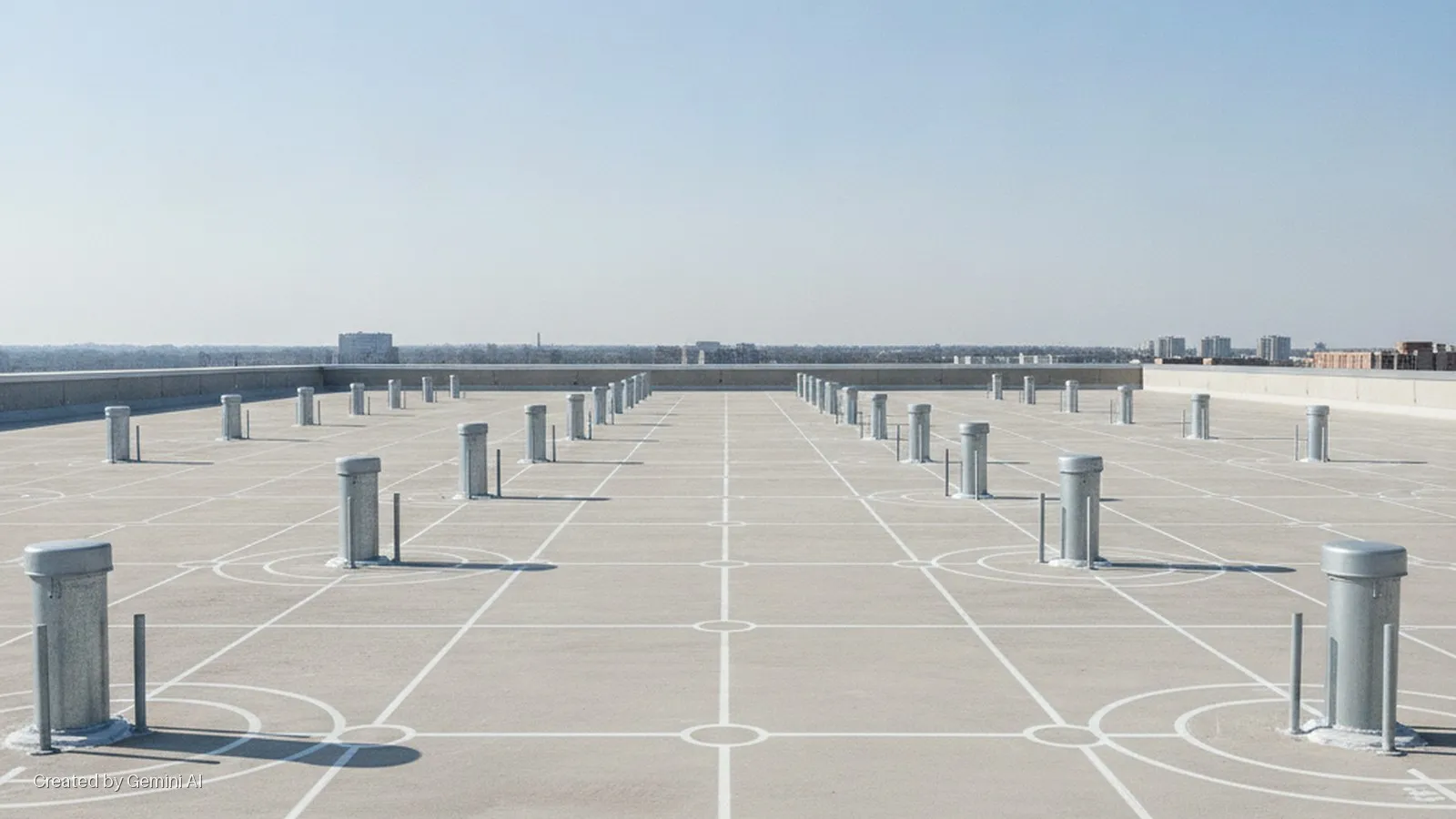 A vast concrete rooftop features numerous grey cylindrical capped structures with metal supports, arranged in a grid pattern with white painted lines and circles, under bright daylight with a distant cityscape.
