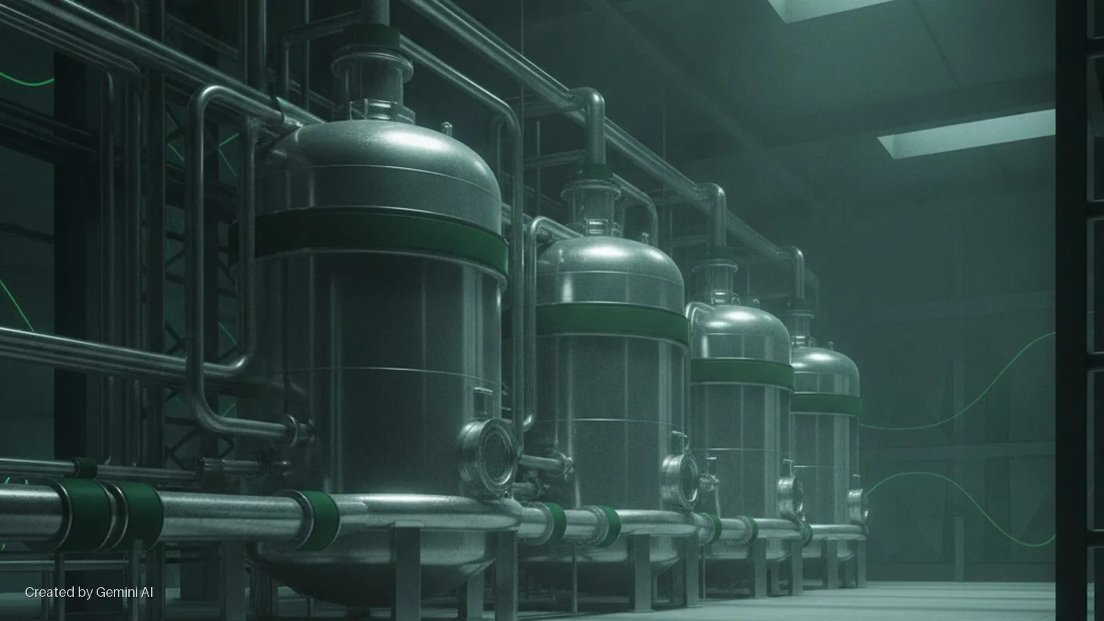 Silver industrial tanks with green bands and connecting pipes line a dimly lit industrial facility, featuring green wavy data lines on a dark background and a dark vertical interface on the right.