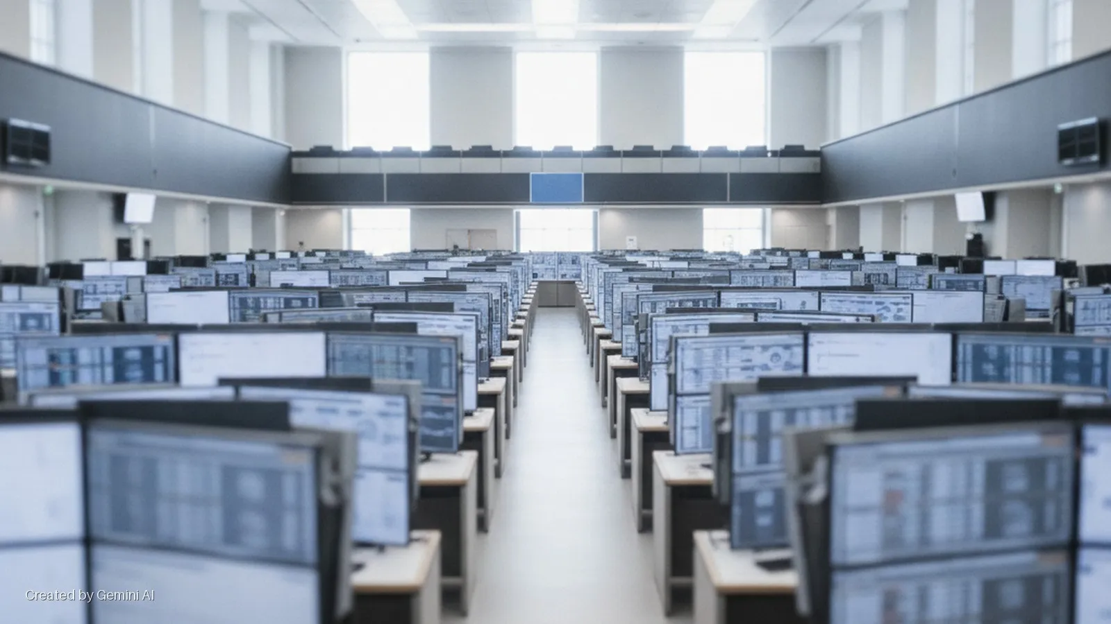 A brightly lit control room or trading floor features numerous rows of computer monitors on individual desks, illuminated by large windows and overhead lights.