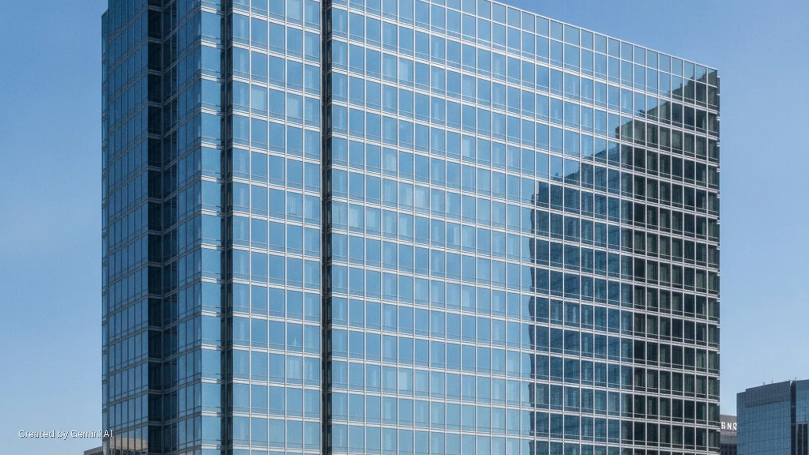 A tall building with a blue, gridded glass facade reflects another building and the clear blue daytime sky.