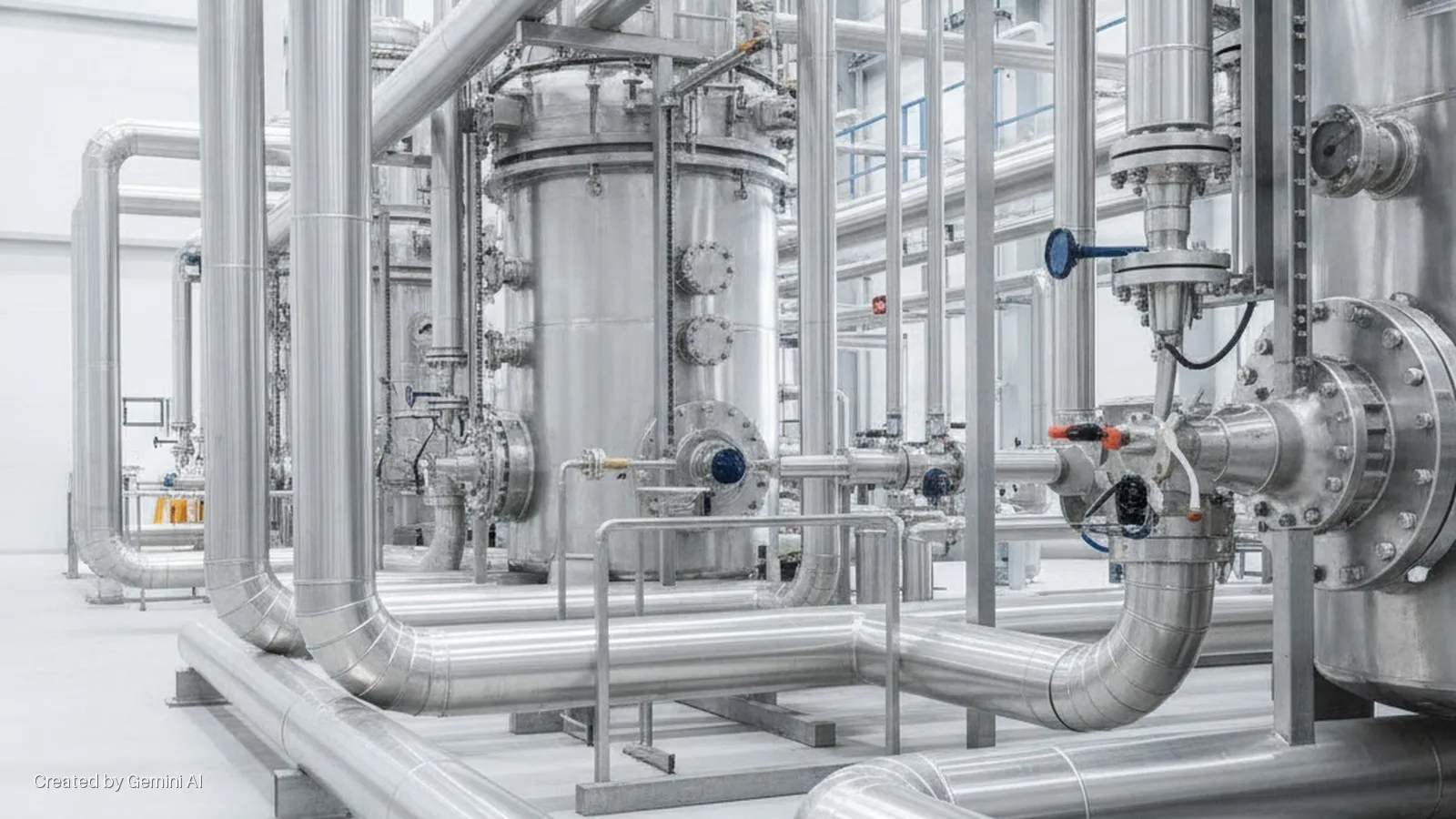 Stainless steel pipes, large vessels, and valves in a brightly lit, modern industrial processing facility.
