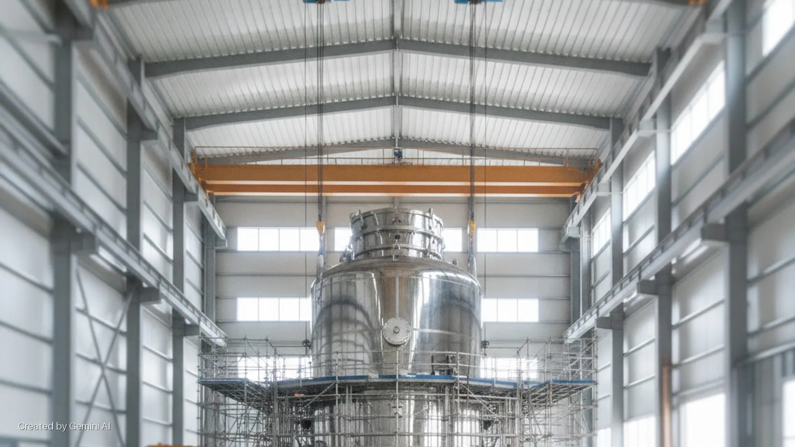 A large, reflective stainless steel process vessel with surrounding scaffolding is lifted by an overhead crane within a bright industrial building featuring steel support beams and multiple windows.