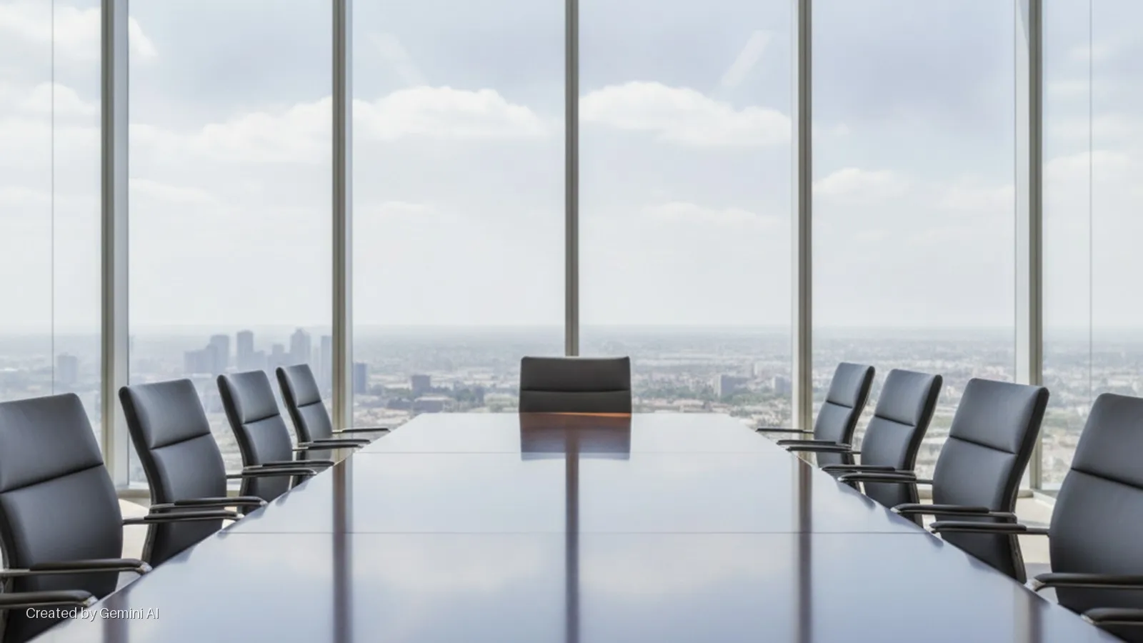 A long, reflective conference table with black office chairs lines a modern conference room with large windows offering a bright, overcast cityscape view.