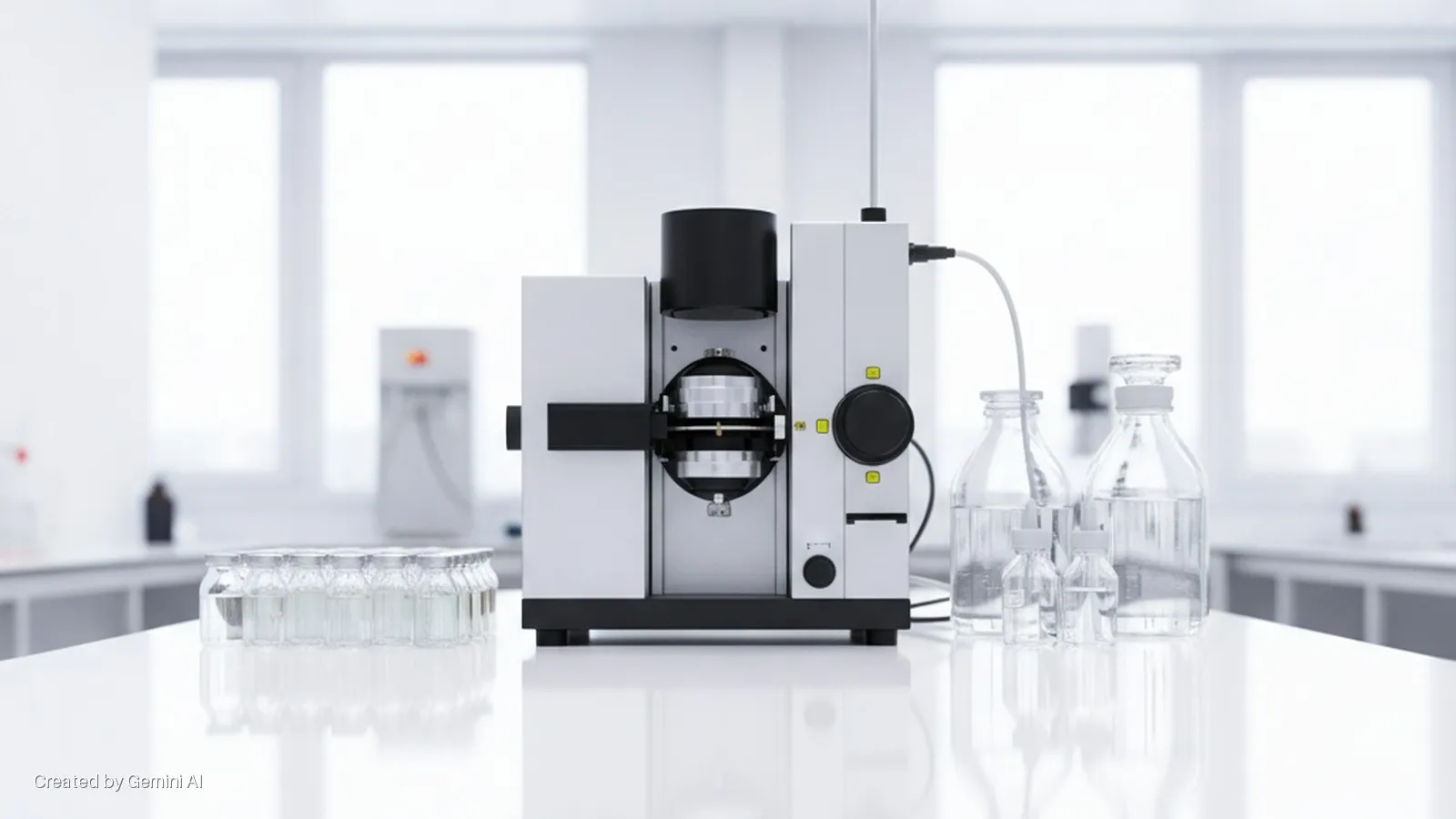 A white and black scientific instrument with a central open chamber, alongside clear glass bottles and vials, sits on a white lab bench in a brightly lit laboratory.