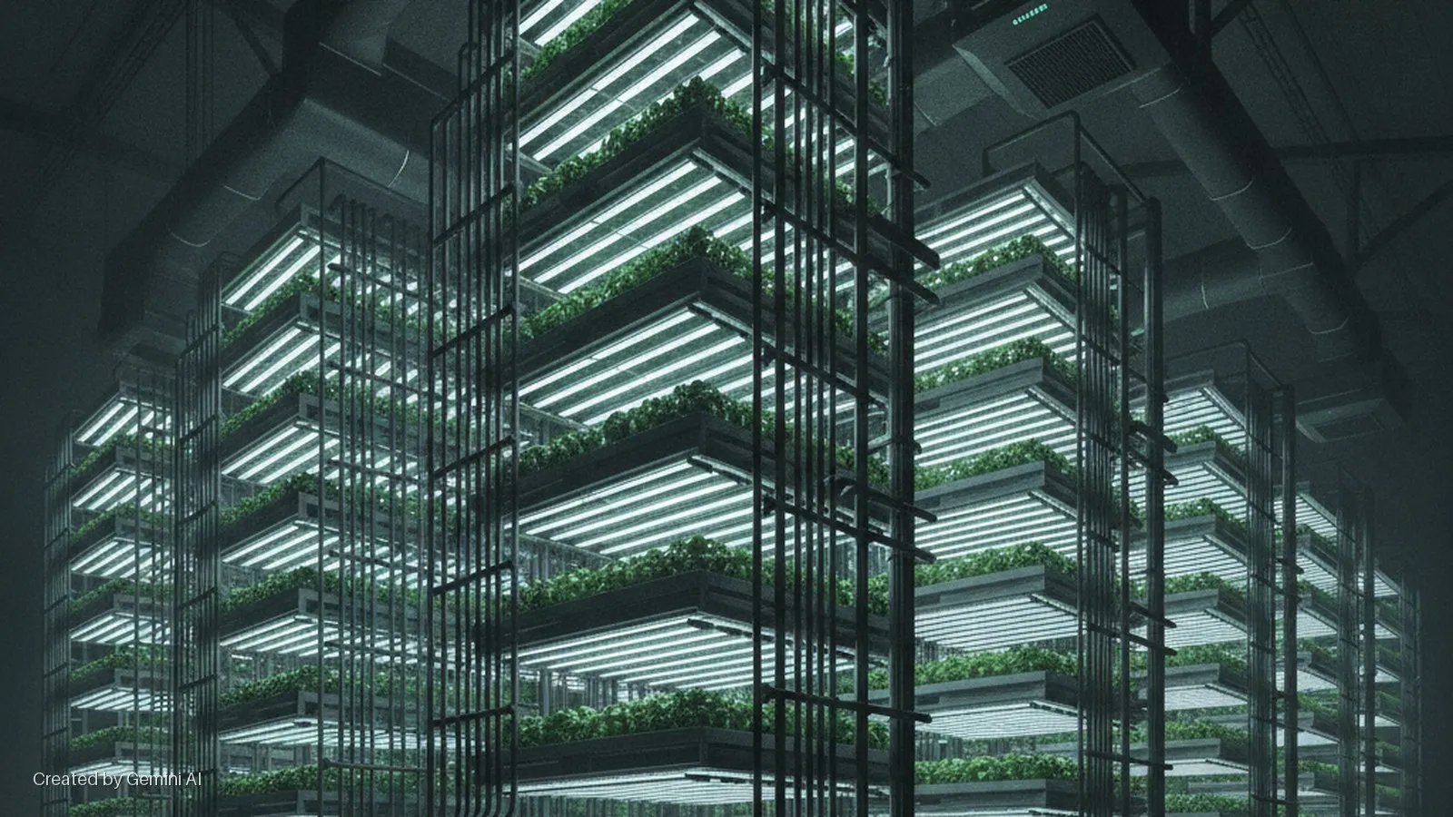 An indoor vertical farm features multiple stacked levels of green crops growing in trays, brightly lit by white fluorescent lights within a dark metal framework, under a dim ceiling with ventilation ducts.