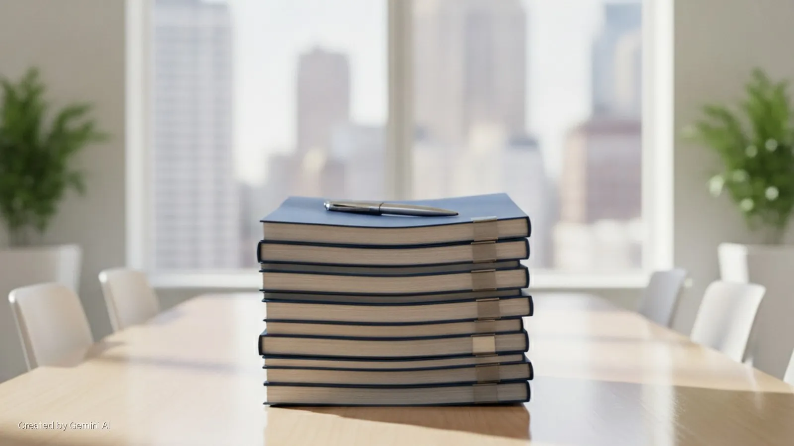 A stack of blue binders topped with a silver pen rests on a light wooden conference table, surrounded by white chairs, with blurred city buildings and potted plants visible through sunlit windows in the background.