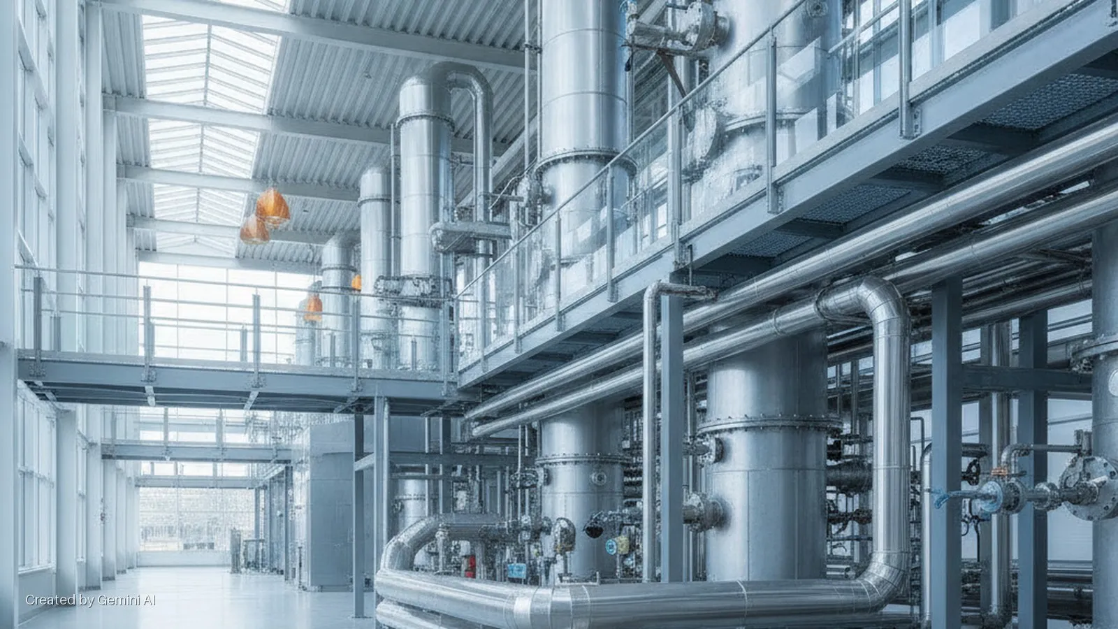 A brightly lit industrial or laboratory interior featuring multiple tall metallic vessels, an intricate network of pipes, elevated platforms, and natural light from large windows and overhead skylights.