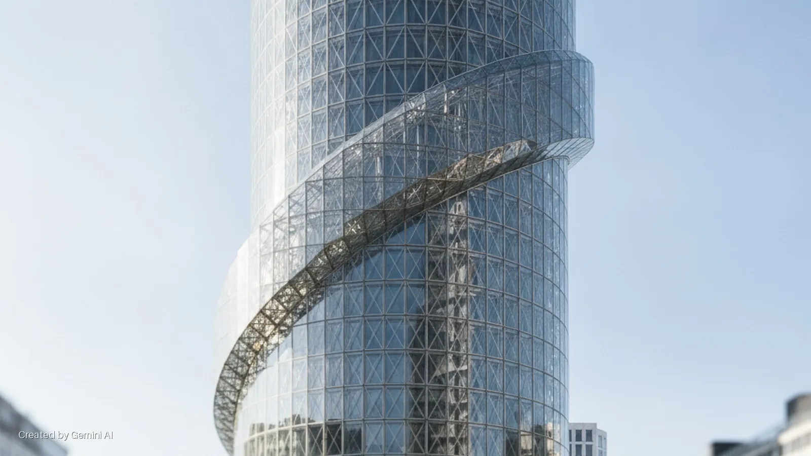 A modern, cylindrical glass skyscraper features a prominent diagonal, spiraling glass and metal walkway, set against a clear blue daytime sky with other buildings partially visible in the background.