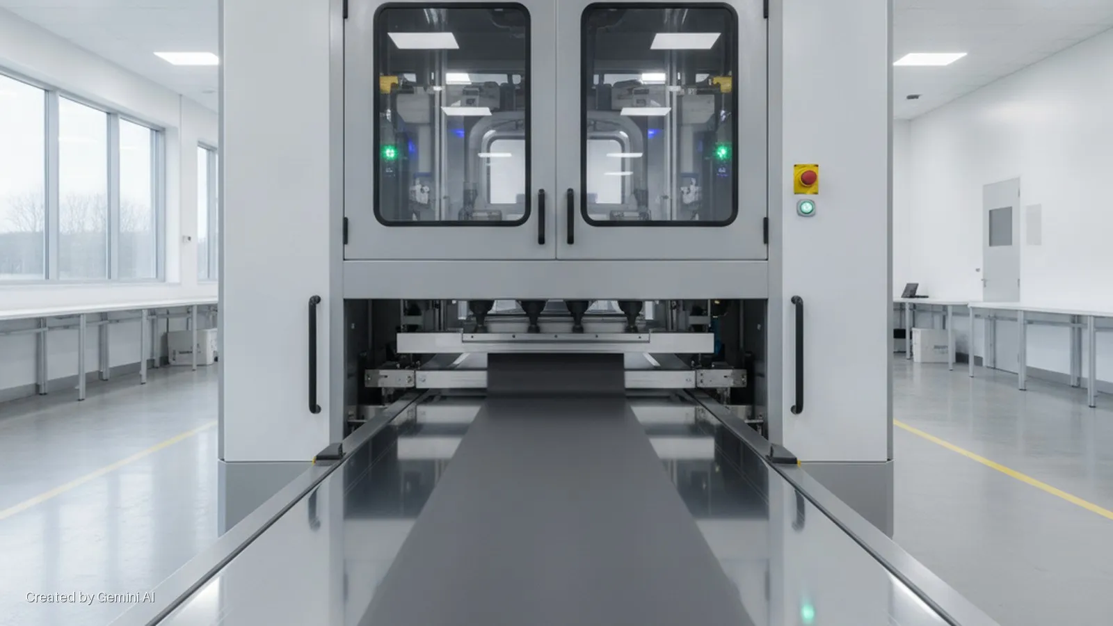 A brightly lit, modern cleanroom shows a large gray automated machine with clear panels, green and blue internal lights, and a conveyor belt extending towards the viewer, flanked by white workbenches along the walls.