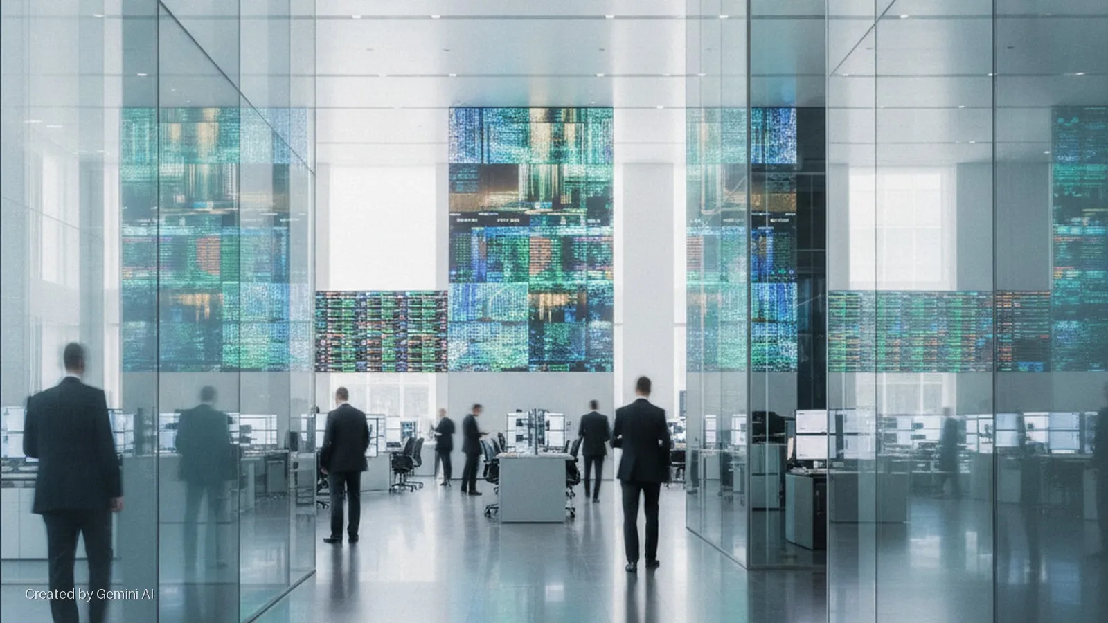 Brightly lit modern office with men in suits walking past glass walls, multiple desks with computer monitors, and large wall-mounted screens displaying colorful data.