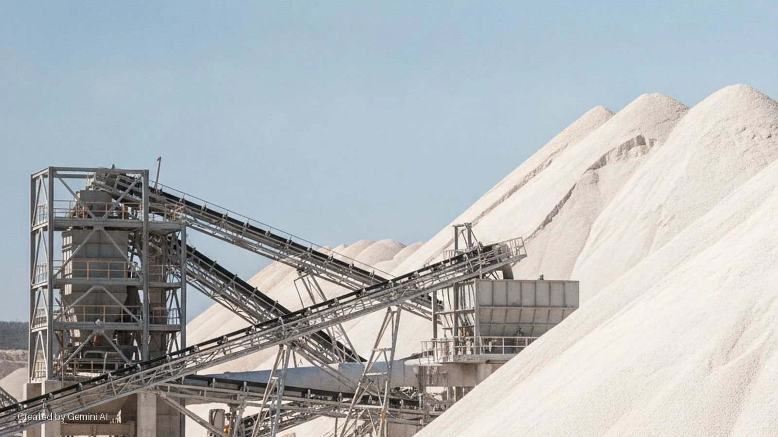Industrial conveyors and a tall processing tower stand before massive white granular stockpiles under a clear blue sky.