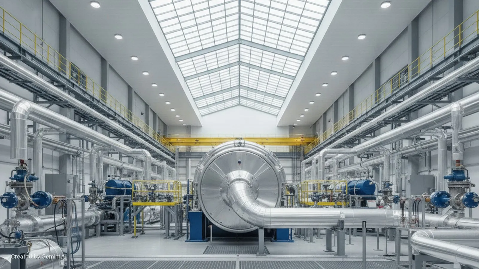 A spacious, brightly lit industrial facility showcases a large silver cylindrical machine at its center, surrounded by numerous insulated pipes, blue valves, yellow safety railings, and an overhead yellow crane, under a ceiling with expansi