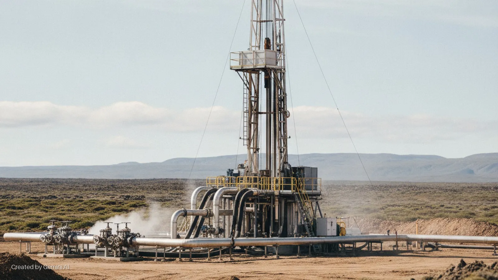 An industrial drilling rig, pipelines, and valves emitting steam stand in a vast, dry landscape with distant mountains under a bright, cloudy sky.