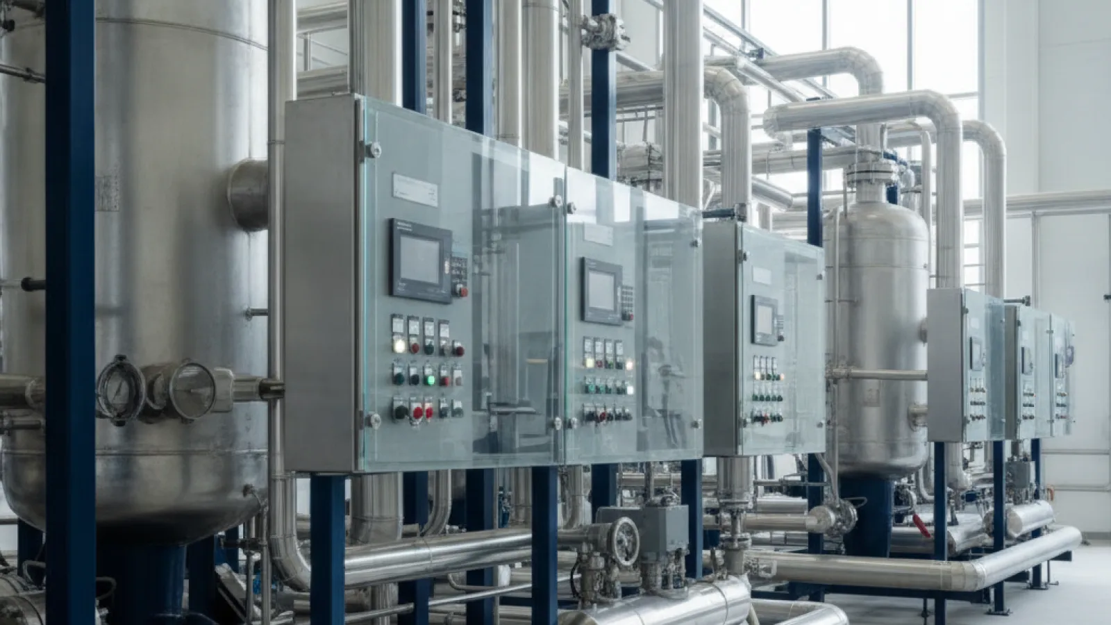A sterile industrial facility features large stainless steel tanks, numerous metal pipes, and multiple control panels with screens and illuminated buttons, brightly lit by large windows.