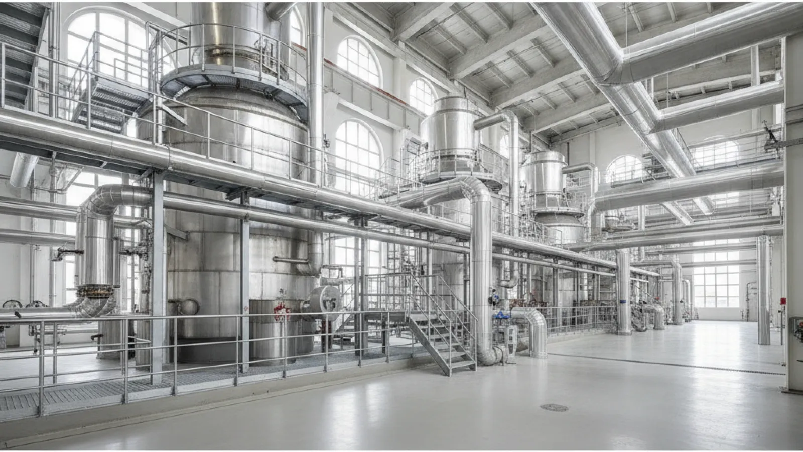 A brightly lit, clean industrial interior features rows of large stainless steel tanks, a complex network of pipes, stairways, and platforms, all illuminated by natural light from high arched windows.
