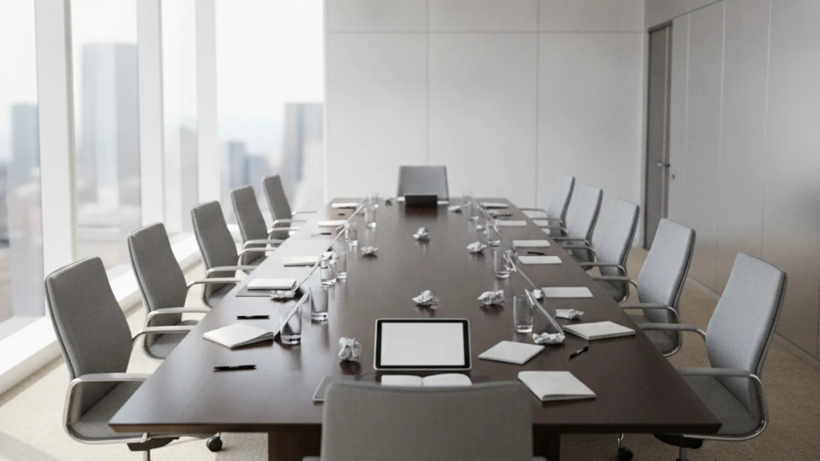 A modern conference room features a long dark table topped with notebooks, pens, crumpled papers, and a tablet, surrounded by grey chairs, illuminated by bright natural light from large windows overlooking city buildings and by recessed cei