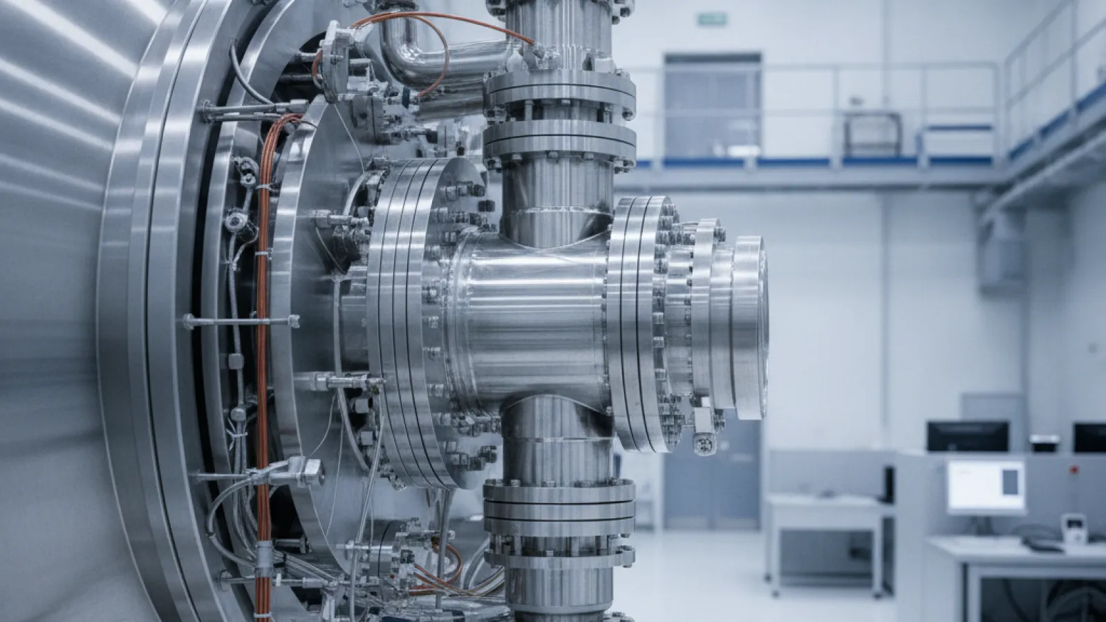 A large stainless steel cylindrical vacuum chamber with intricate pipes, flanges, and electrical connections is positioned in a brightly lit, modern cleanroom laboratory with workstations in the background.