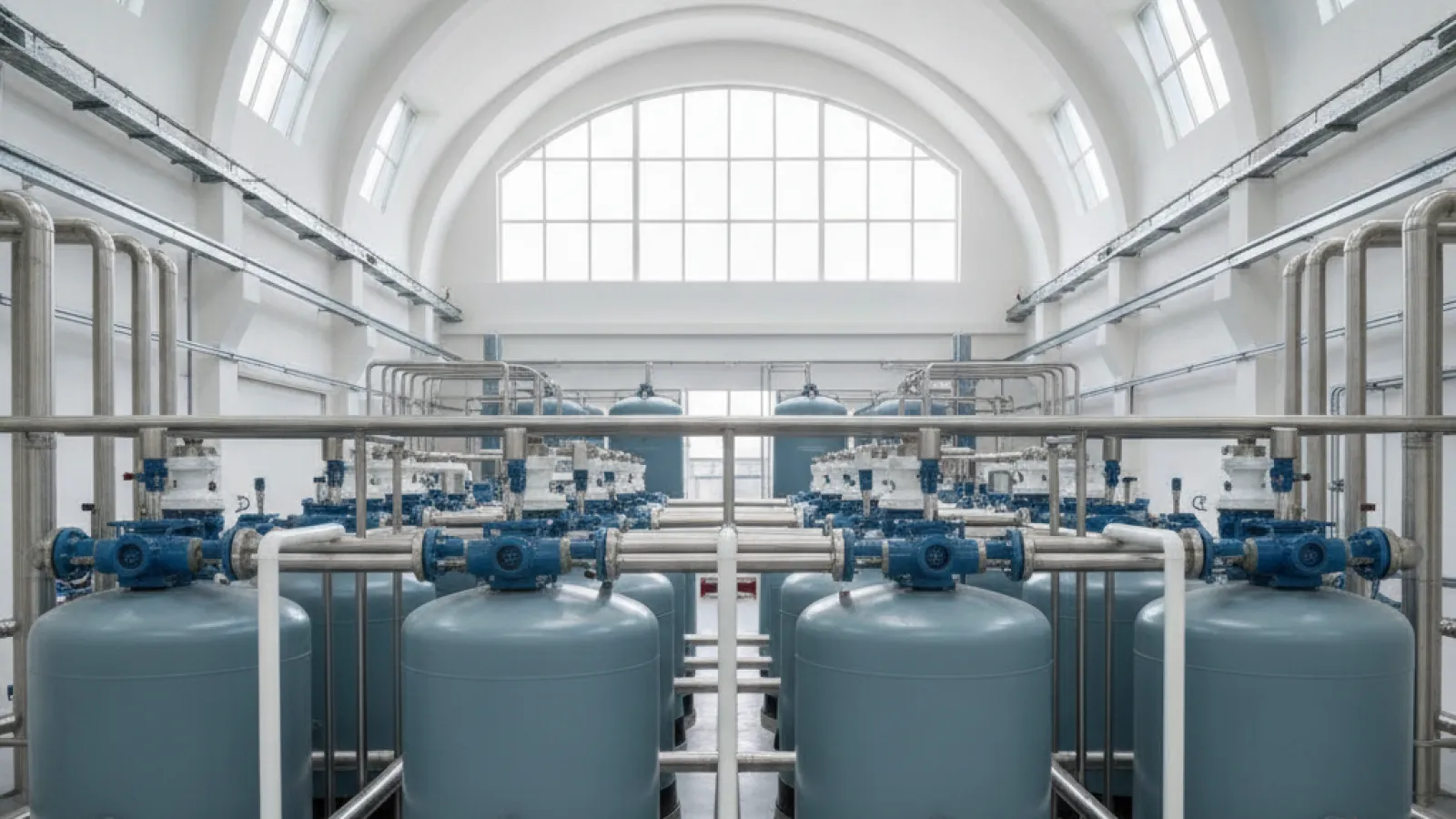 A brightly lit industrial hall interior with a white arched ceiling and windows, showcasing multiple rows of blue-grey cylindrical tanks with blue valves and silver piping.