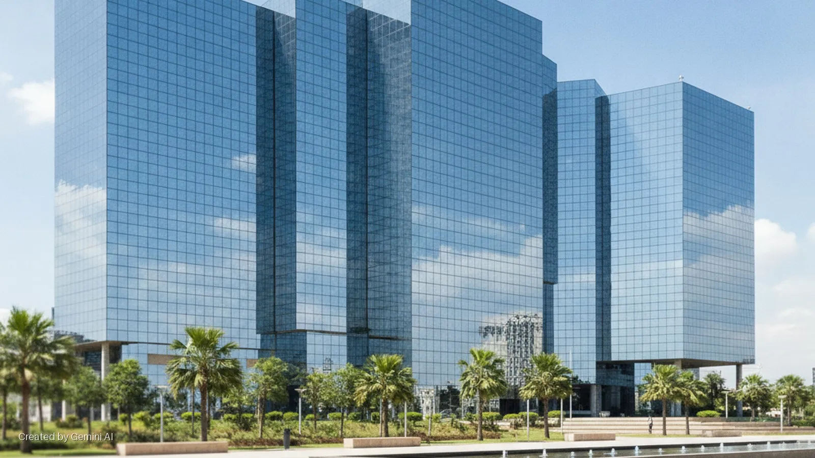 Large glass skyscrapers reflect the sky and clouds, towering over a landscaped plaza with palm trees and water fountains bathed in bright daylight.