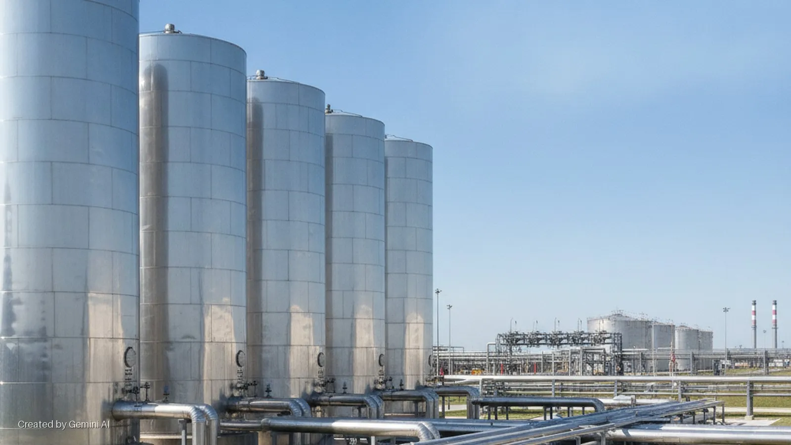 Large silver storage tanks, an intricate network of industrial pipes, and distant refinery structures stand under a clear blue sky on a bright day.